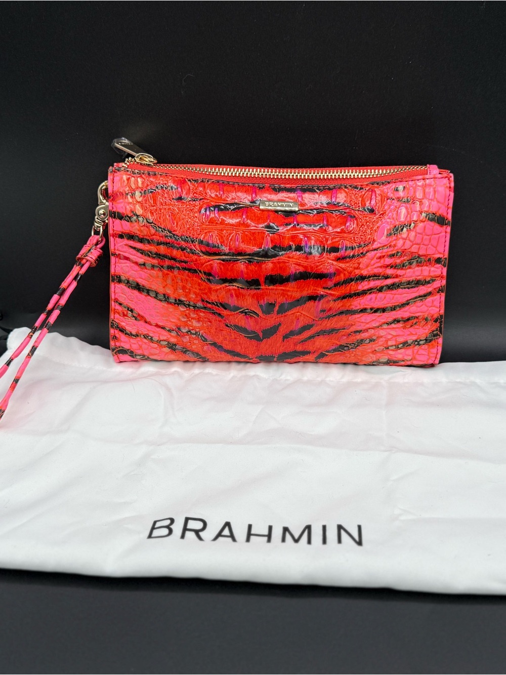 Brahmin Neon Pink & Red Embossed Leather Wristlet